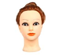 POPETPOP Tête de Mannequin Coiffure Synthétique Taille Standard pour Entraînement Capillaire Formation Esthétique avec Support Petit Doré Brun Maquillé