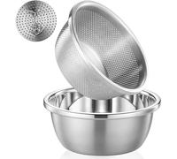 POPGRADE Lot de 2 passoires microporeuses en acier inoxydable 304 de 2 litres et bol mélangeur pour la cuisine, passoire à riz avec bol de lavage pour filtrer les pâtes, laver les fruits, égoutter les