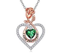 POPLYKE Collier avec pendentif en forme de cœur en forme de rose en argent sterling avec inscription « I Love You Forever » pour maman, fille, épouse, émeraude, cadeau d'anniversaire