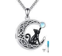 POPLYKE Collier urne chat noir pour cendres - Argent sterling 925 - Pierre de lune celtique - Bijoux funéraires pour homme et femme - Chaîne de 50 cm + 5 cm