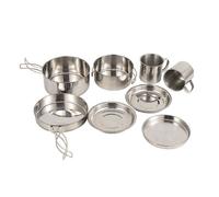 Popote Camping 8 Pièces Inox - 3-4 Personnes - 2 Casseroles Poêle - Poignée Pliable - Compact 785g