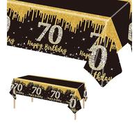 POPOYU 137 x 274 cm, noir et or, pour anniversaire, nappe noire et dorée, décoration de table pour homme et femme, 70e anniversaire, nappe rectangulaire en plastique jetable, pour décorations de fête