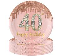 POPOYU 16 Pièces Assiette Jetable 40 ans Anniversaire Rose et Or Décoration Joyeux, Assiettes Dessert Papier Décorées Fête pour Déco Table