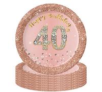 POPOYU 16 Pièces Assiette Jetable 40 ans Anniversaire Rose et Or Décoration Joyeux, Assiettes Dessert Papier Décorées Fête pour Déco Table