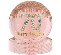 POPOYU 16 Pièces Assiette Jetable 70 Ans, 9 Pouces Rose et Or Decoration Joyeux Anniversaire, Papier Décorées pour Deco Table Femme