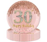 POPOYU 16 Pièces Assiette Jetable Anniversaire 30 ans,9 Pouces Assiette Rose et Or Decoration Joyeux Anniversaire,Assiette Dessert Papier Décorées de Fête pour Deco Table Anniversaire 30 ans Femme