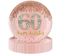 POPOYU 16 Pièces Assiette Jetable Anniversaire 60 ans,9 Pouces Assiette Rose et Or Decoration Joyeux Anniversaire,Assiette Dessert Papier Décorées de Fête pour Deco Table Anniversaire 60 ans Femme