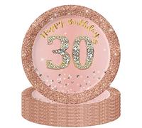 POPOYU 16 Pièces Assiette Jetable Anniversaire Rose et Or Décoration Joyeux Anniversaire, Assiettes Dessert Papier Décorées Fête pour Déco Table