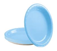 POPOYU 16 Pièces Assiettes en Papier de Fête Bleu Clair, Carton Anniversaire, 23cm Rondes Solides Dessert Assiette pour Noël, Picnic, Mariage Fournitures