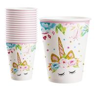 POPOYU 16 Pièces Rose Gobelets Tasse en Papier, Vaisselle Anniversaire à Thème Licorne pour Filles, 9oz/250ml Gobelets Idéal Princesses pour Fêtes d'Enfants,Table Décoration Joyeuse - 16 Invités
