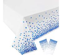 POPOYU 2 Pièces Nappes à Pois Jetables Rectangulaire, Nappe Blanche Anniversaire Nappe Confettis de Point Bleu, 137x274cm Nappes Plastique Fete pour Picnic,Exterieur,Jardin,Automne,Noël,Mariage