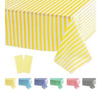 POPOYU 2 Pièces Nappes Jetables Rectangulaire, Nappe Anniversaire Nappes à Rayures Jaune et Blanches, 137x274cm Nappe Jetable Plastique Fete pour Picnic,Exterieur,Jardin,Automne,Noël,Mariage,Halloween