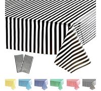 POPOYU 2 Pièces Nappes Jetables Rectangulaire, Nappe Anniversaire Nappes à Rayures Noir et Blanches, 137x274cm Nappe Jetable Plastique Fete pour Picnic,Exterieur,Jardin,Automne,Noël,Mariage,Halloween