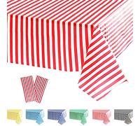 POPOYU 2 Pièces Nappes Jetables Rectangulaire, Nappe Anniversaire Nappes à Rayures Rouge et Blanches, 137x274cm Nappe Jetable Plastique Fete pour Picnic,Exterieur,Jardin,Automne,Noël,Mariage,Halloween