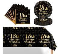 POPOYU 37 Pièces Assiette Vaisselle Anniversaire Kit,Noir Or Decoration Anniversaire Vaisselle 18 Ans Garçon Fille,Nappe Papier Assiette Serviette pour Decoration Anniversaire 18 Ans Cadeau