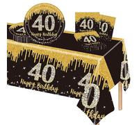 POPOYU 37 Pièces Assiette Vaisselle Anniversaire Kit,Noir Or Decoration Anniversaire Vaisselle 50 Ans Femmes Hommes,Nappe Papier Assiette Serviette pour Decoration Anniversaire 50 Ans Cadeau