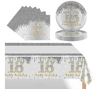 POPOYU 37 Pièces Assiette Vaisselle Jetable Anniversaire Kit,Argent Decoration Anniversaire Vaisselle 18 Ans Garçon Fille,Nappe Papier Assiette Serviette pour Decoration Anniversaire 18 Ans Cadeau