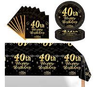 POPOYU 37 Pièces Assiette Vaisselle Jetable Anniversaire Kit,Noir Or Decoration Anniversaire Vaisselle 40 Ans Garçon Fille,Nappe Papier Assiette Serviette pour Decoration Anniversaire 40 Ans Cadeau