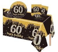 POPOYU 37 Pièces Assiette Vaisselle Jetable Anniversaire Kit,Noir Or Decoration Anniversaire Vaisselle 60 Ans Garçon Fille,Nappe Papier Assiette Serviette pour Decoration Anniversaire 60 Ans Cadeau