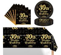 POPOYU 37 Pièces Assiette Vaisselle Jetable Anniversaire Kit,Noir Or Decoration Anniversaire Vaisselle 30 Ans Garçon Fille,Nappe Papier Assiette Serviette pour Decoration Anniversaire 30 Ans Cadeau