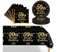 POPOYU 37 Pièces Assiette Vaisselle Jetable Anniversaire Kit,Noir Or Decoration Anniversaire Vaisselle 50 Ans Garçon Fille,Nappe Papier Assiette Serviette pour Decoration Anniversaire 50 Ans Cadeau