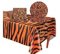 POPOYU 37 Pièces Vaisselle Animaux de la Jungle en Papier Anniversaire,Tigre Thème Vaisselle Kit -16 x Assiette,20 x Serviettes,Nappe,Vaisselle de Fête pour Enfants Anniversaire Theme Jungle Animaux
