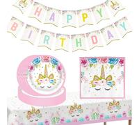 POPOYU 52 Pièces Vaisselle Licorne de Fête, Rose Assiettes Gobelets Serviettes Nappe Happy Birthday Bannière Decoration Anniversaire Licorne Fille Enfants Party Mariages Baby Shower pour 16 Invités