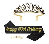POPOYU 60 Ans Couronne Echarpe Diademe Femme,Cristal Tiara Kit pour Fille Femme Décoration de Fête,Anniversaire Femme Couronne Tiara Et écharpe De Decoration Anniversaire Cadeau 60 Ans Femme(Or Noir)