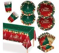 POPOYU 69 Pièces Vaisselle en Papier de Noël, 1 x Nappe de Table,16 x Assiettes à Dîner & 16 x Assiettes à Salade, 16 x 250ml Tasses, 20 x Serviettes, Rouge et Vert Vaisselle de Fête de Noël