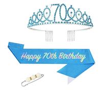 POPOYU 70 Ans Couronne Echarpe Diademe Femme,Cristal Tiara Kit pour Fille Femme Décoration de Fête,Anniversaire Femme Couronne Tiara Et écharpe De Decoration Anniversaire Cadeau 70 Ans Femme(Bleu)