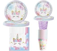 POPOYU 84Pcs Licorne Party Vaisselle, Violette Kit Vaisselles Anniversaire Assiette, CouViolettes de Fête, Inclure : Serviettes, Assiettes, Gobelets, Pailles en Papier, Decorations pour 16 Invités