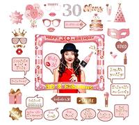 POPOYU Accessoires de Selfie Photobooth 30 Ans, 39Pcs Rose Or avec Cadre Photo Booth, Fournitures de Décoration et Accessoires de Cabine Photo pour Anniversaire Femme