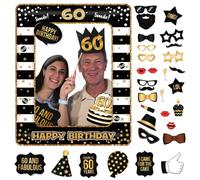 POPOYU Décorations de 60e anniversaire pour homme et femme, cadre à selfie gonflable noir et doré et 34 accessoires de photomaton pour 60e anniversaire, cadre gonflable géant pour décoration de fête
