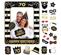 POPOYU Décorations de 70e Anniversaire pour Filles et garçons, Cadre à Selfie Gonflable Noir et doré et 34 Accessoires de photomaton, Cadre de fête géant pour Femmes et Hommes, 10 x 20 cm