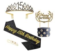 POPOYU Écharpe 15 Ans Couronne Anniversaire Fille,Or Noir Cadeau 15 Ans Fille Kit,Anniversaire Cristal Gâteau Topper Couronne Tiara Et Écharpe Decoration Anniversaire Cadeau 15 Ans Fille Accessoire