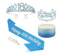 POPOYU Écharpe 18 Ans Couronne Anniversaire Fille,Bleu Cadeau 18 Ans Fille Kit,Anniversaire Cristal Gâteau Topper Couronne Tiara Et Écharpe Decoration Anniversaire Cadeau 18 Ans Fille Accessoire