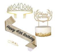 POPOYU Écharpe 40 Ans Couronne Anniversaire,Or Cadeau 40 Ans Femme Kit,Anniversaire Cristal Gâteau Topper Couronne Tiara Et Écharpe Decoration Anniversaire Cadeau 40 Ans Femme Accessoire