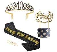POPOYU Écharpe 40 Ans Couronne Anniversaire,Or Noir Cadeau 40 Ans Femme Kit,Anniversaire Cristal Gâteau Topper Couronne Tiara Et Écharpe Decoration Anniversaire Cadeau 40 Ans Femme Accessoire