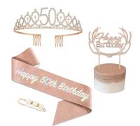 POPOYU Écharpe 50 Ans Couronne Anniversaire,Or Rose Cadeau 50 Ans Femme Kit,Anniversaire Cristal Gâteau Topper Couronne Tiara Et Écharpe Decoration Anniversaire Cadeau 50 Ans Femme Accessoire