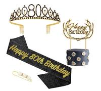 POPOYU Écharpe 80 Ans Couronne Anniversaire,Or Noir Cadeau 80 Ans Femme Kit,Anniversaire Cristal Gâteau Topper Couronne Tiara Et Écharpe Decoration Anniversaire Cadeau 80 Ans Femme Accessoire