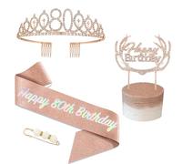POPOYU Écharpe 80 Ans Couronne Anniversaire,Or Rose Cadeau 80 Ans Femme Kit,Anniversaire Cristal Gâteau Topper Couronne Tiara Et Écharpe Decoration Anniversaire Cadeau 80 Ans Femme Accessoire