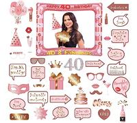 POPOYU Kit Photobooth Anniversaire 40 Ans, 34PCS Accessoires de Selfie, Décoration, Rose Or