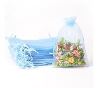 POPOYU Lot de 100 sacs cadeaux en organza bleu layette, petits sacs cadeaux en organza avec cordon de serrage, pochettes transparentes en tulle pour cadeaux de Noël, Halloween, anniversaire - 17,8 x