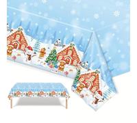 POPOYU Nappe de Noël Anti-Taches Bleu Nappes Imperméable avec Bonhomme en Pain d'épice Rectangle 137 * 274CM Décoration de Table pour Noël Party Anniversaire Nouvel an Fêtes de Fin d’année Cuisine