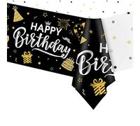 POPOYU Nappe de table noire et dorée avec inscription « Happy Birthday » pour lui, elle, 137 x 274 cm, nappe rectangulaire en plastique pour filles, garçons, hommes, femmes, décorations de fête