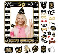POPOYU Photobooth 50 Ans, Kit Photobooth Anniversaire 34 Pièces avec Cadre Photo Gonflable PVC, Accessoires de Selfie et Décoration pour Fête