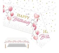 POPOYU Plastique Nappe Rectangulaire Anniversaire,137x274cm Nappe Blanche Fête Rose Decoration Joyeux Anniversaire,Jetables Nappes Décorées de Fête pour Intérieur Extérieur Deco Table Anniversaire