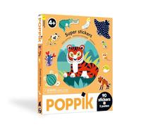 POPPIK 1841279 Boîte d'autocollants, Animaux Sauvages, 3 Posters interactifs à thème avec Autocollants Amovibles, Posters éducatifs multilingues pour Enfants à partir de 4 Ans