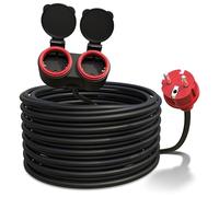 Poppstar Rallonge Electrique exterieure 15m, Double Prise Schuko 2 Sorties, IP44, 16A/3680W, H05RR-F 3G1,5, Noir/Rouge