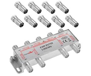 Poppstar Répartiteur coupleur d'antenne 8 Sorties + Adaptateur IEC(analogique/numérique/large-bande/unicable/HD/4K Compatible) pour TV,Antenne TNT,Satellite,Câble,TV,Radio,LNB - 100dB, 5-2450 MHz